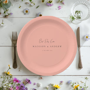 BEST DAY EVER! Modern Minimal Peach Coral Wedding Paper Plates