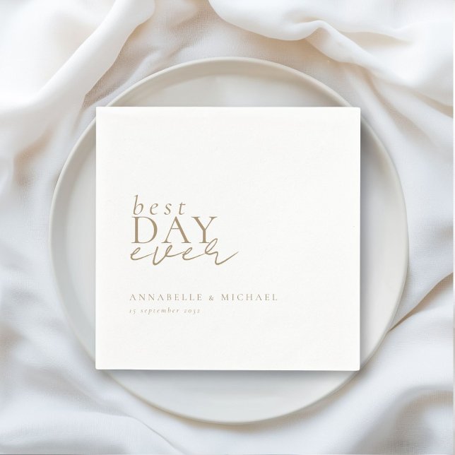 BEST DAY EVER! Modern, Minimal, White, Wedding Napkins (BEST DAY EVER! Modern, Minimal, White-Brown, Wedding Napkins with your name and date.)