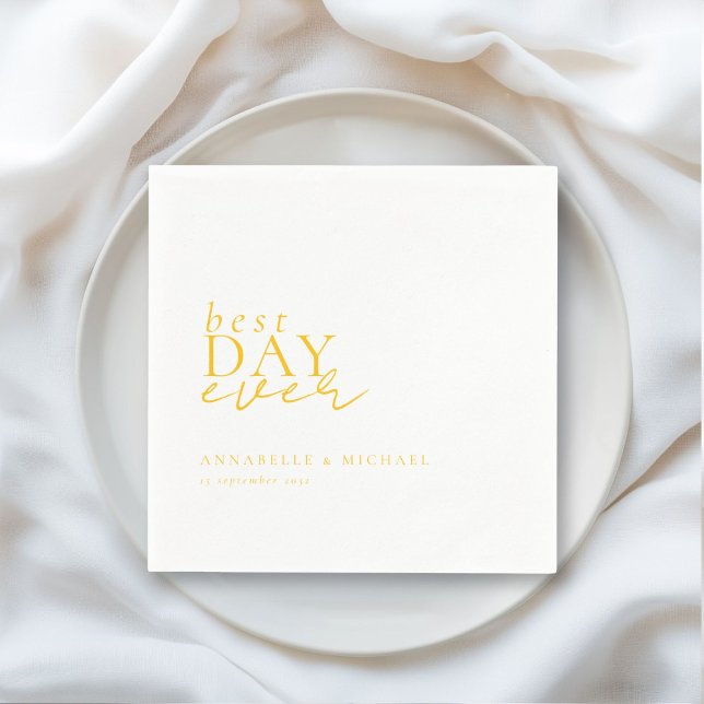 BEST DAY EVER! Modern, Minimal, White, Wedding Napkins (BEST DAY EVER! Modern, Minimal, White-Yellow, Wedding Napkins with your name and date.)