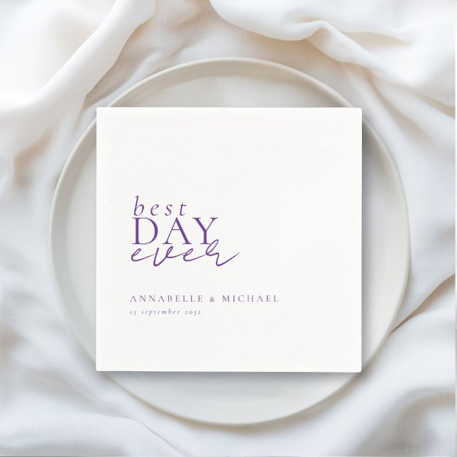 BEST DAY EVER! Modern, Minimal, White, Wedding Napkins (BEST DAY EVER! Modern, Minimal, White-Purple, Wedding Napkins with your name and date.)