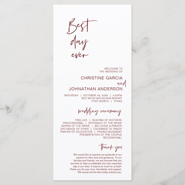 Best day ever, Modern Minimalist Burgundy Wedding Program (Front)