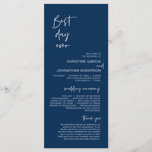 Best day ever Modern Navy Blue Wedding Program