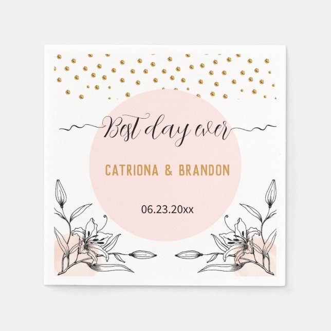 Best Day Ever Modern Pink Black Flower Gold Dots  Napkins (Front)