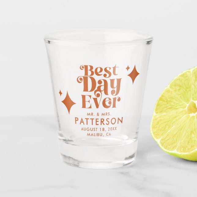 Best Day Ever Modern Retro Wedding Shot Glass (Front)