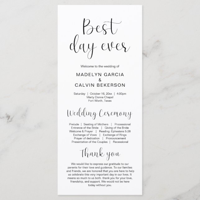 Best day ever, Modern Wedding Ceremony Program (Front)
