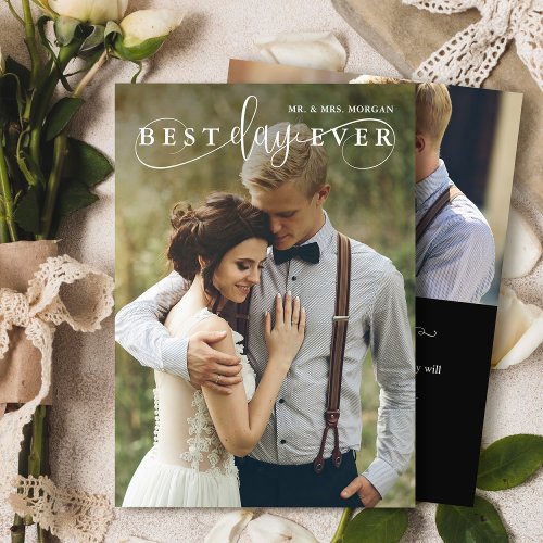 Best Day Ever Modern Wedding Photo Thank You Card