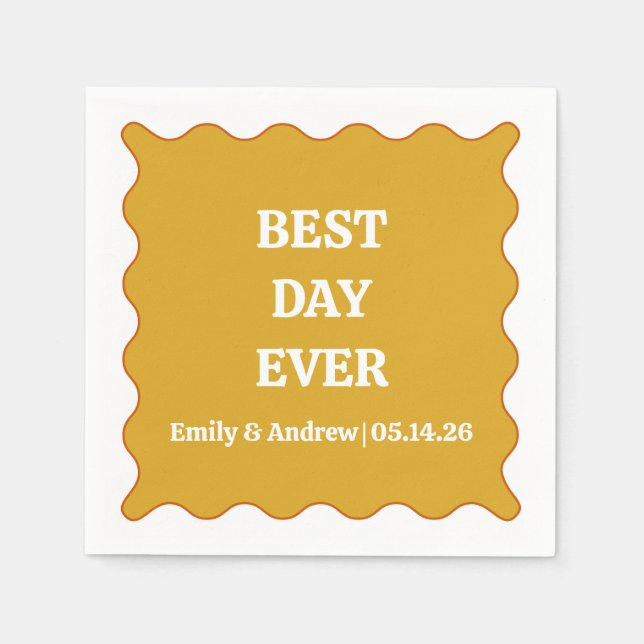 Best Day Ever Mustard Yellow Wavy Custom Wedding  Napkins (Front)