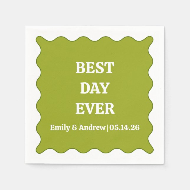 Best Day Ever Olive Green Wavy Custom Wedding  Napkins (Front)