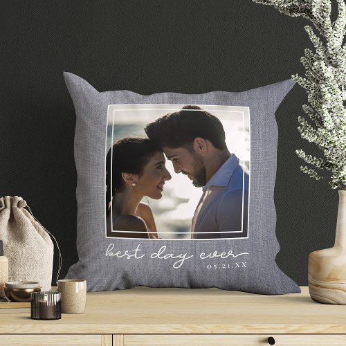 Best Day Ever Photo Script Newlywed Wedding Date Throw Pillow