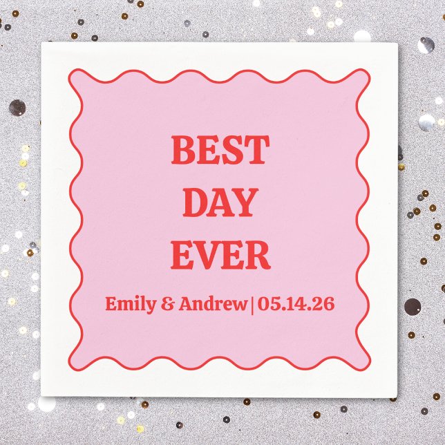 Best Day Ever Pink & Red Scalloped Custom Wedding  Napkins (Creator Uploaded)