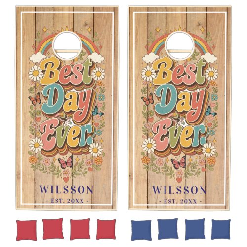 Best Day Ever Retro Floral Rainbow Cornhole Boards Set