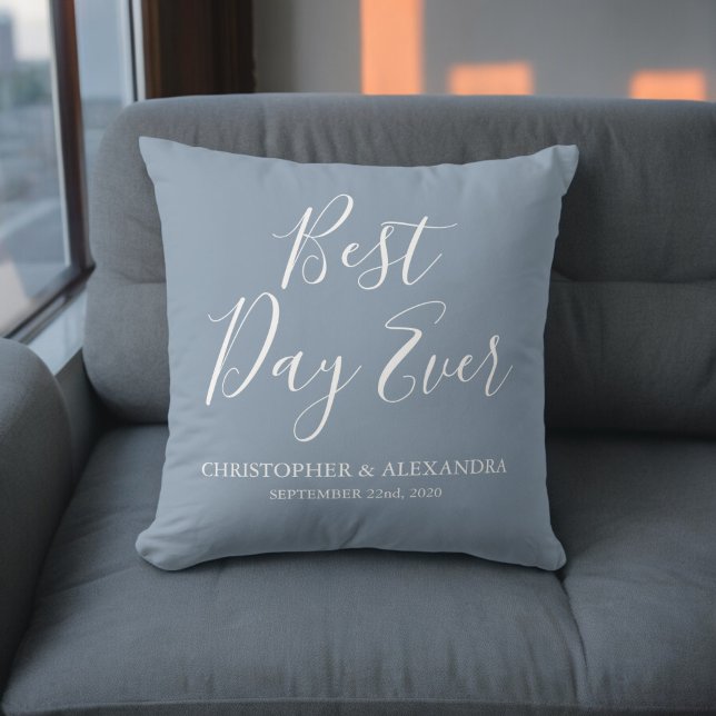 Best Day Ever Rose Dusty Blue Wedding Throw Pillow (Creator Uploaded)