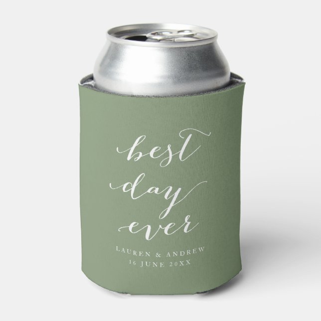 Best Day Ever Sage Green Calligraphy Wedding Can C Cooler (Can Front)