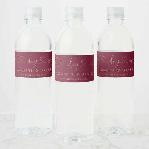 Best Day Ever Script Burgundy And Gold Wedding Water Bottle Label