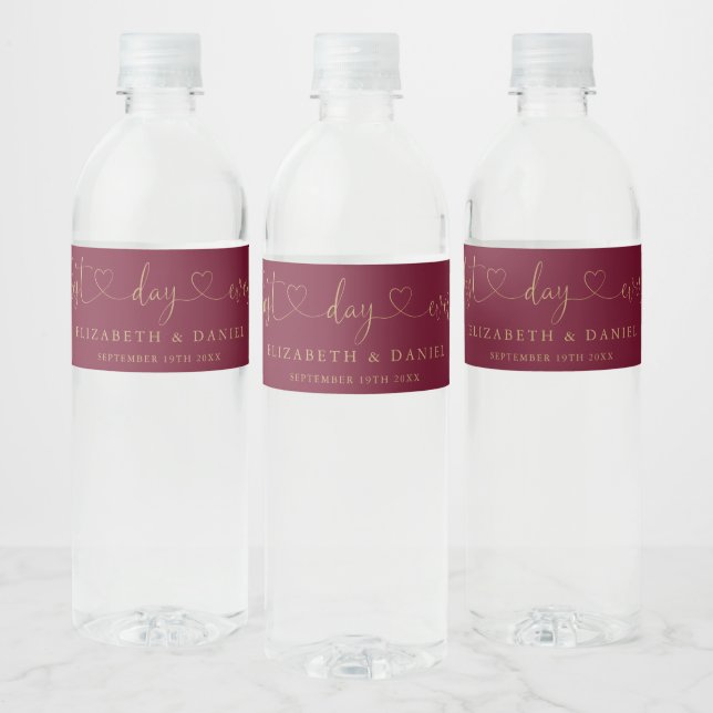 Best Day Ever Script Burgundy And Gold Wedding Water Bottle Label (Bottles)