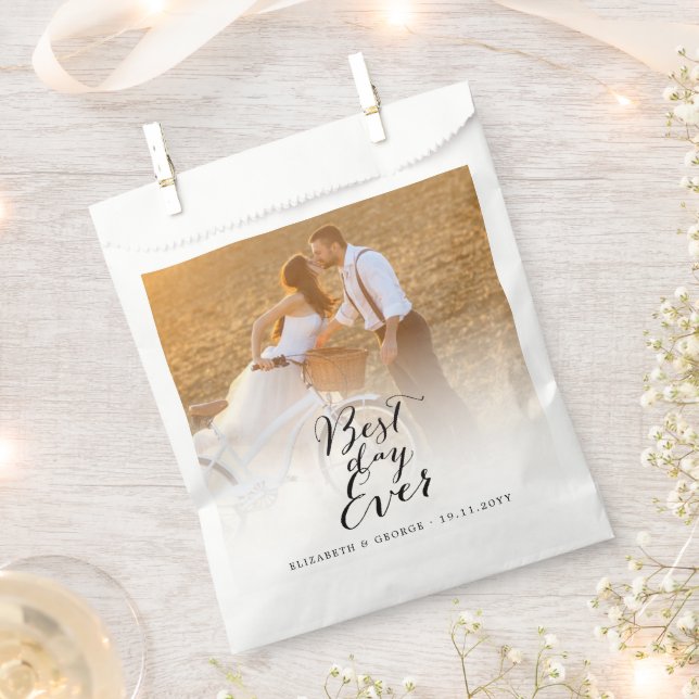 Best Day Ever Script Calligraphy Photo Wedding Favor Bag (Clipped)