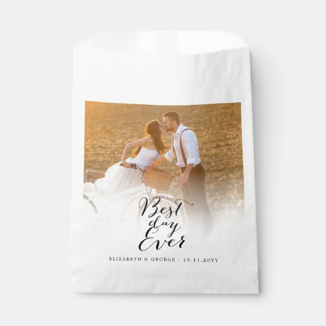 Best Day Ever Script Calligraphy Photo Wedding Favor Bag (Front)