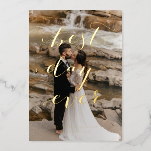 Best Day Ever Script Wedding Photo Thank You Foil Invitation