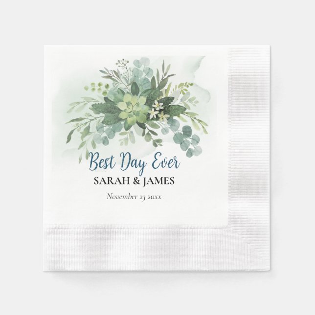 Best Day Ever Succulent Wedding Floral Botanical  Napkins (Front)