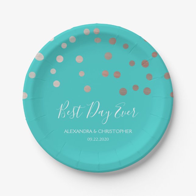 Best Day Ever Teal and Rose Gold Confetti Wedding Paper Plates (Front)