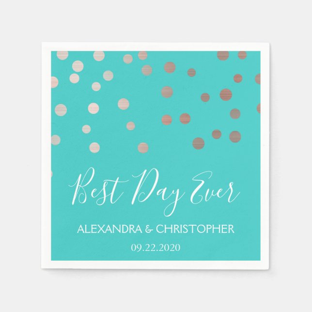 Best Day Ever Teal Blue Confetti Wedding Napkins (Front)