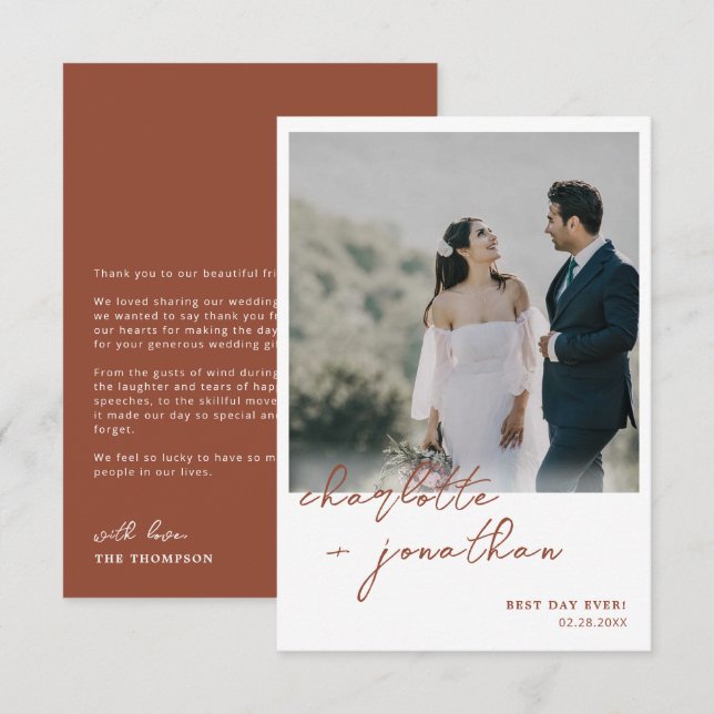 Best Day Ever Terracotta Script Photo Wedding Thank You Card (Front/Back)