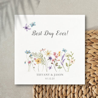 Best Day Ever Wildflower Floral Wedding Cocktail Napkins