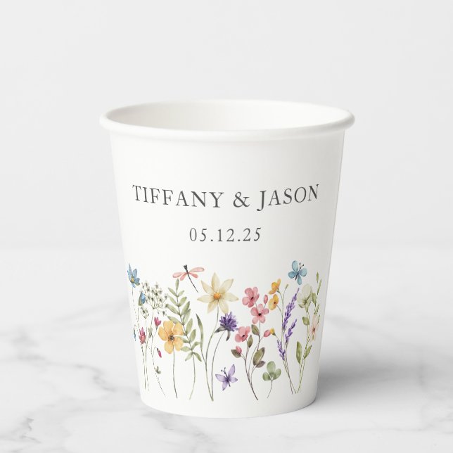 Best Day Ever Wildflower Floral Wedding Custom Paper Cups (Back)