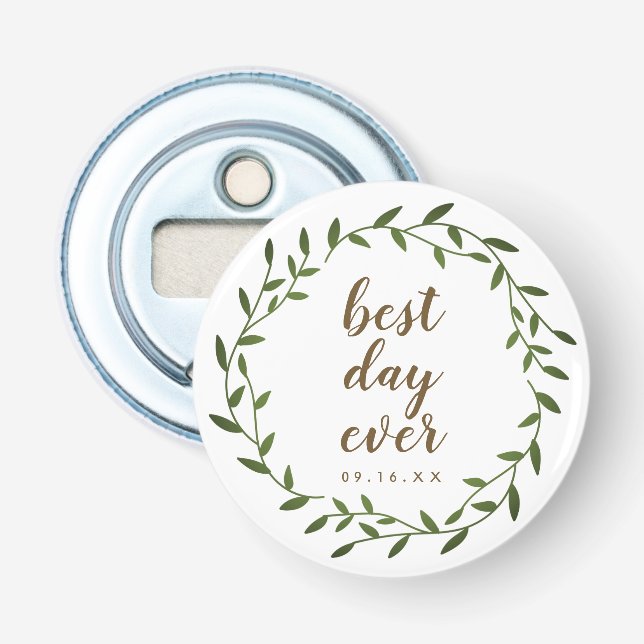 Best Day Ever Wreath Wedding Keepsake Bottle Opener (Front)