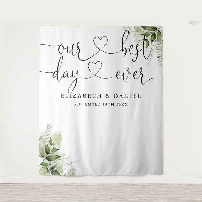 Best Day Script Greenery Wedding Photo Backdrop (Front)