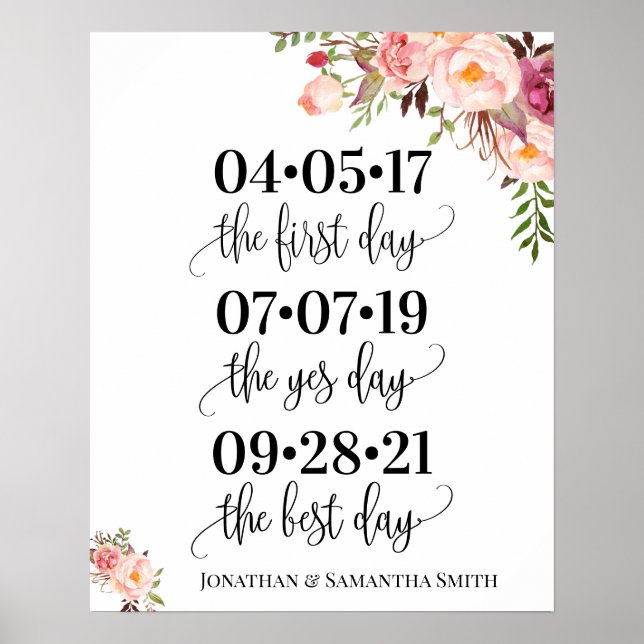 Best day sign wedding date yes day pink floral (Front)