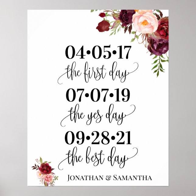 Best day wedding date yes day marsala floral poster (Front)