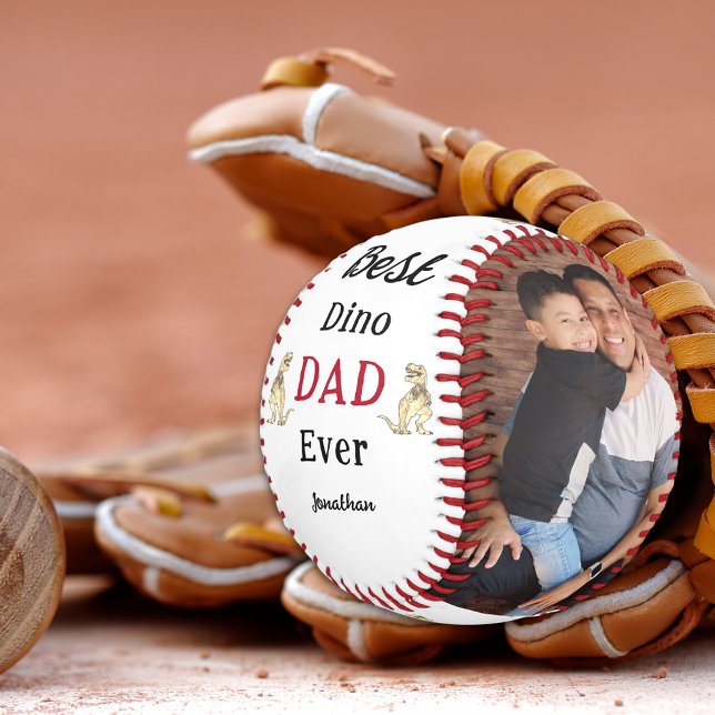 Best Dino Dad Ever Kids Christmas 2 Photos Baseball (Personalized 2 photo Best dad ever dinosaur Christmas gift from kids base ball)