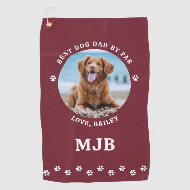 Best DOG DAD By Par Custom Photo Golfer Red Golf Towel (Front)