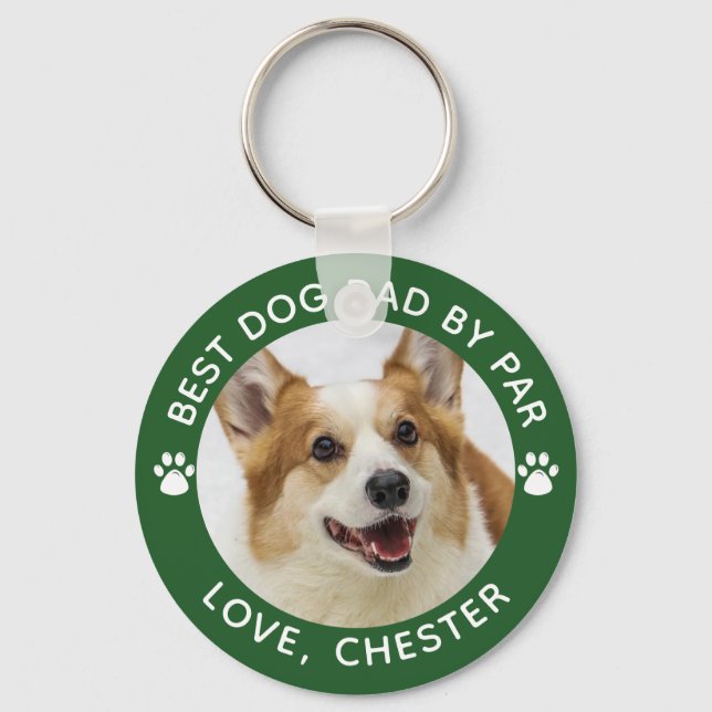 BEST DOG DAD BY PAR Paw Print Photo Green Keychain (Front)
