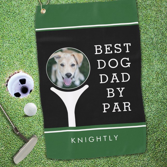 BEST DOG DAD BY PAR Photo Personalized Black Green Golf Towel (Creator Uploaded)