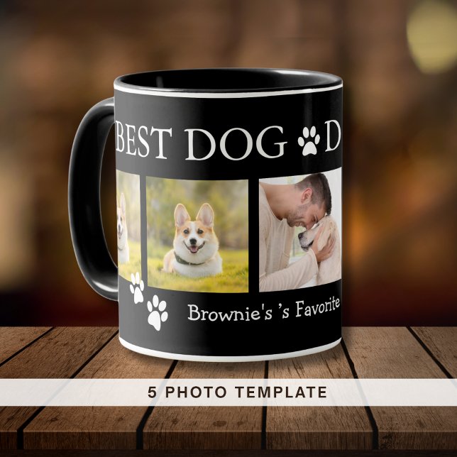 Best Dog Dad Ever 5 Photo Collage Pet Name Black Mug (Best Dog Dad Ever 5 Photo Collage Pet Name Black Mug)