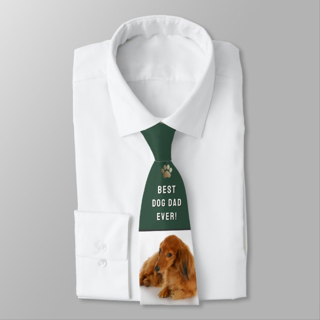 Best Dog Dad Ever Forest Green Custom Pet Photo Neck Tie (Tied)