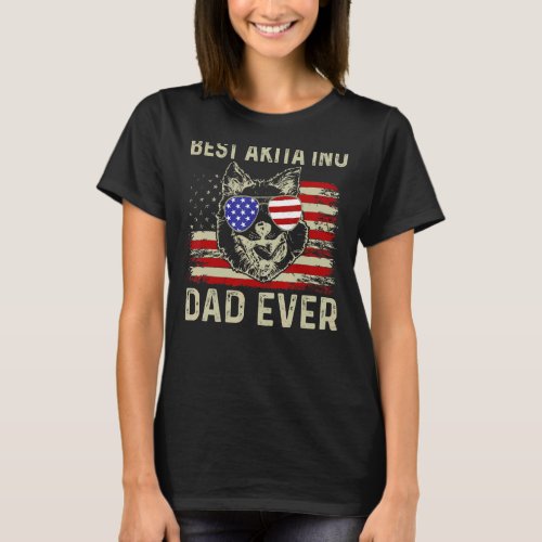 Best Dog Dad Ever Usa Flag Dad Joke Akita Inu 4th  T_Shirt