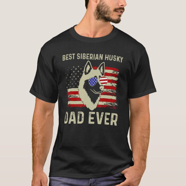 Best Dog Dad Ever Usa Flag Dad Joke Siberian Husky T-Shirt (Front)