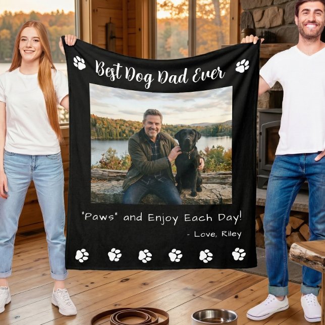 Best Dog Dad Paws Pet Black Photo Fleece Blanket (Creator Uploaded)