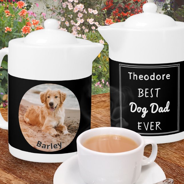 Best Dog Dad Personalized Pet Photo Father's Day Teapot (A stylish teapot with 'Best Dog Dad Ever' caption, custom dog photo, pet's name and dog owner's name)