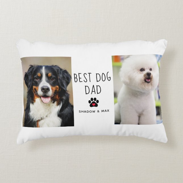 Best Dog Dad | Two Photo Handwritten Text Coffee Accent Pillow (Front)