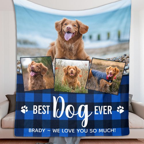 Best Dog Ever Blue Buffalo Plaid Photo Collage Fleece Blanket