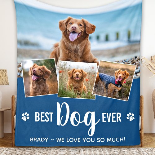 Best Dog Ever Modern Blue Photo Collage Fleece Blanket