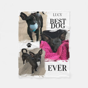 Best Dog Ever Paw Print Three Photo Personalized Fleece Blanket