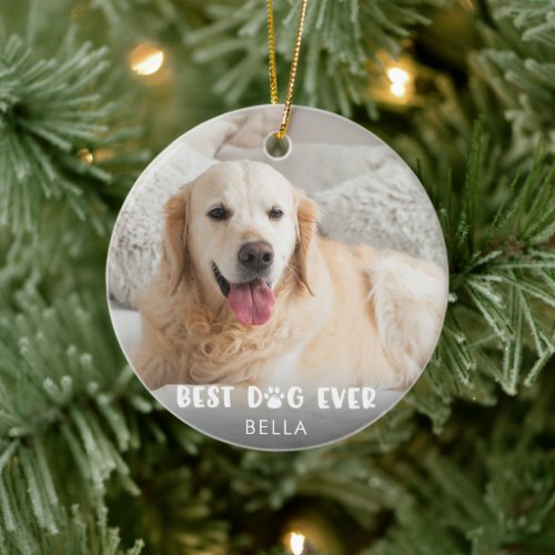BEST DOG EVER Photo Paw Print Personalized Ceramic Ornament