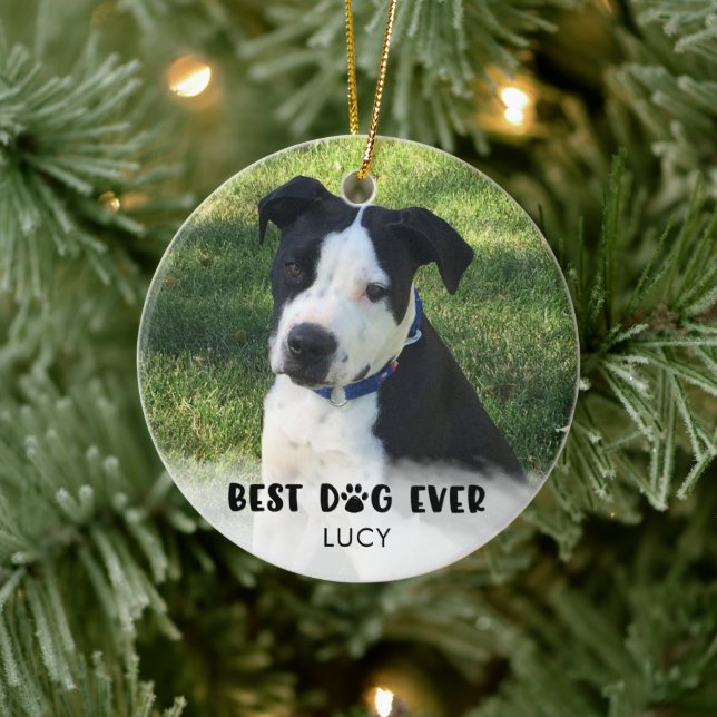 BEST DOG EVER Photo White Overlay Personalized Ceramic Ornament (Tree)
