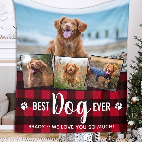 Best Dog Ever Red Buffalo Plaid Photo Collage Fleece Blanket