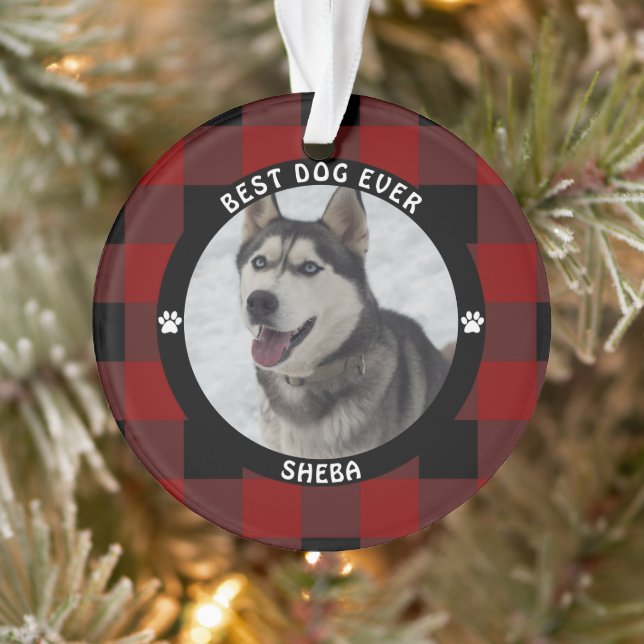 BEST DOG EVER Red Plaid Personalized Ornament (Tree)